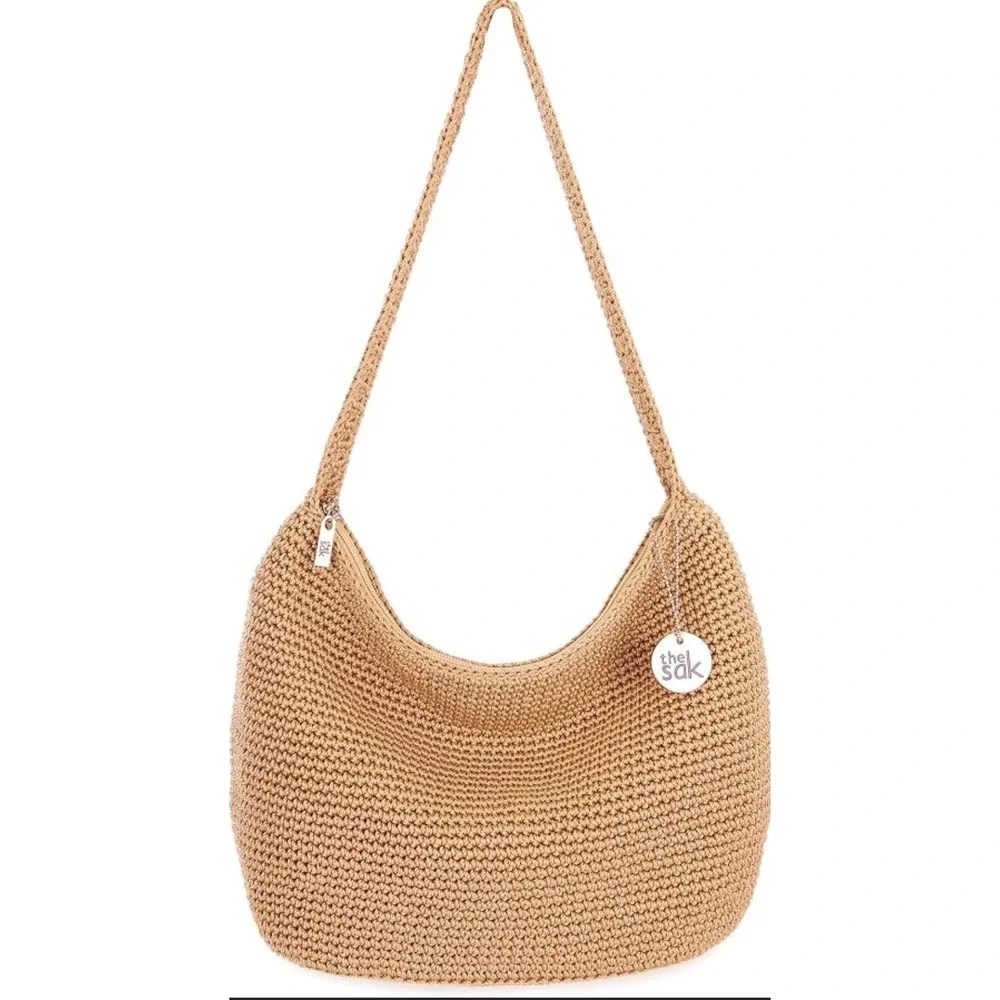 The Sak Crochet Tan Zip Hobo Shoulder Bag Purse Boho Beachy Relaxed Natural